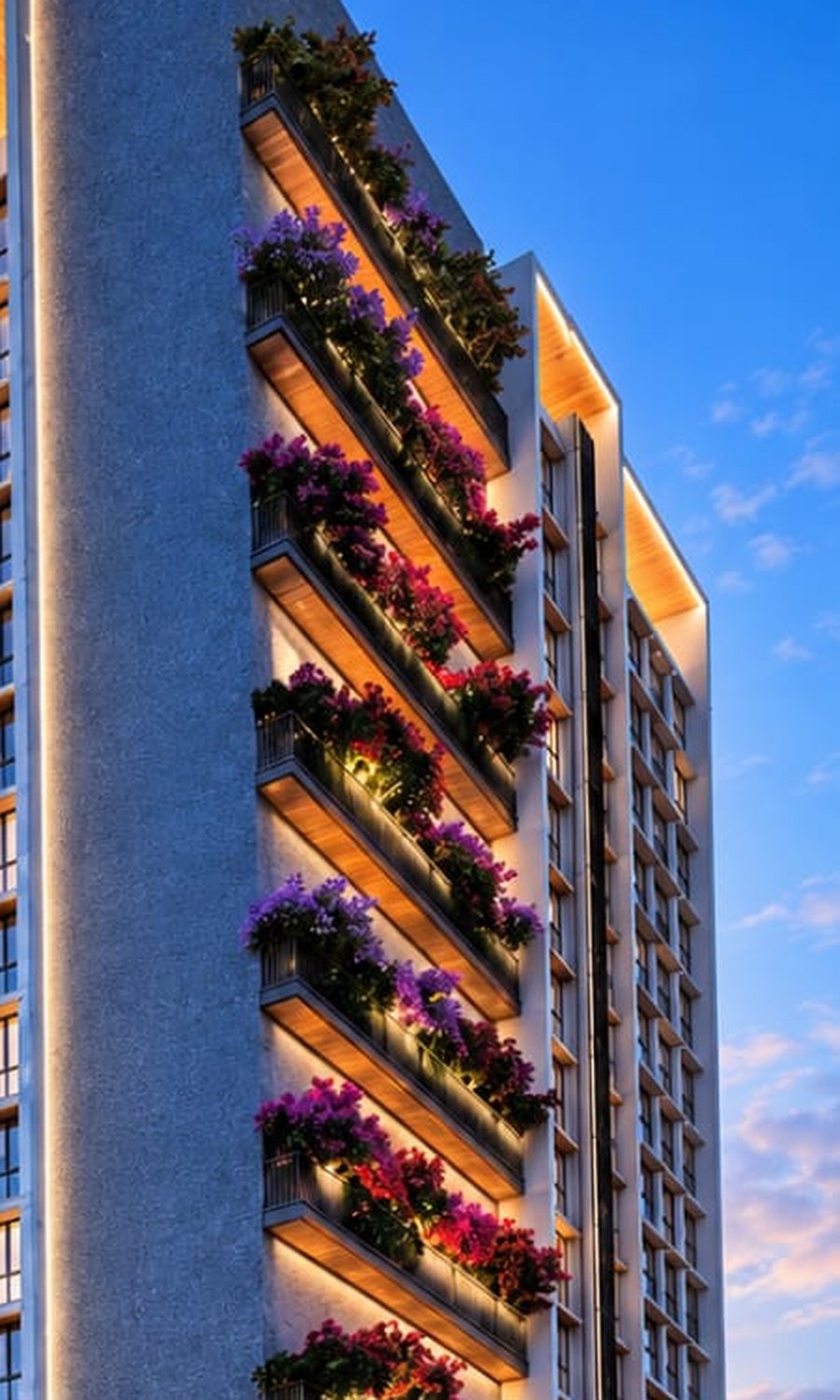 Planted balconies with flowering bougainvillea at Shreedhi