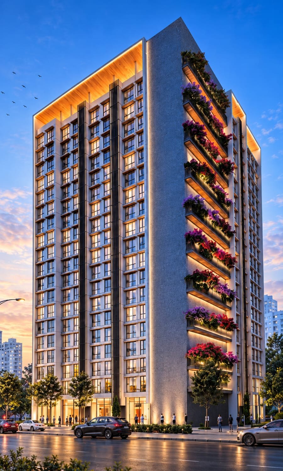 The Shreedhi tower seen from the street at dusk